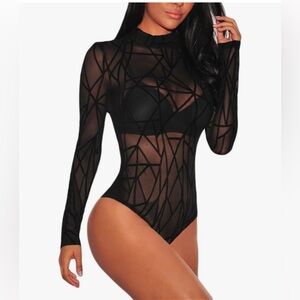 Black Geometric Long Sleeve Bodysuit XXL